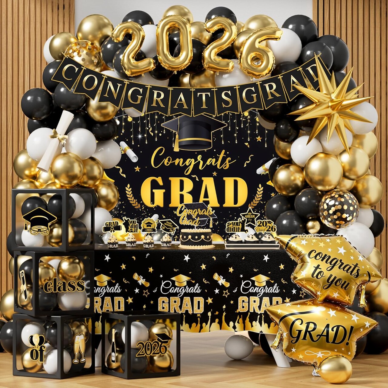 Graduation Party Decoration – Black, Gold & White Class of 2026 Complete Graduation Decor Kit with Balloon Garland, Backdrop, Banner, Tablecloth, Boxes & Photo Party Supplies
